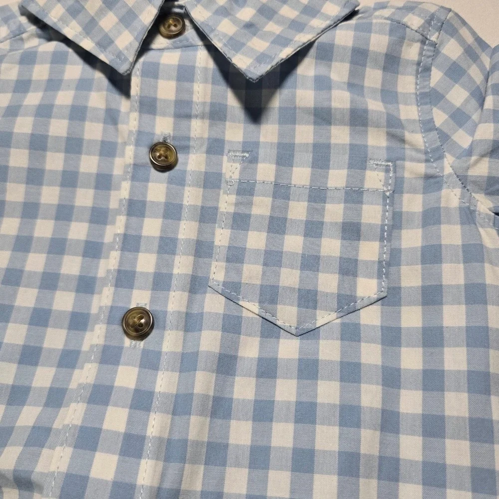 Carters Baby Boy 3-6 Blue White Gingham Button Front Romper Outfit NWT